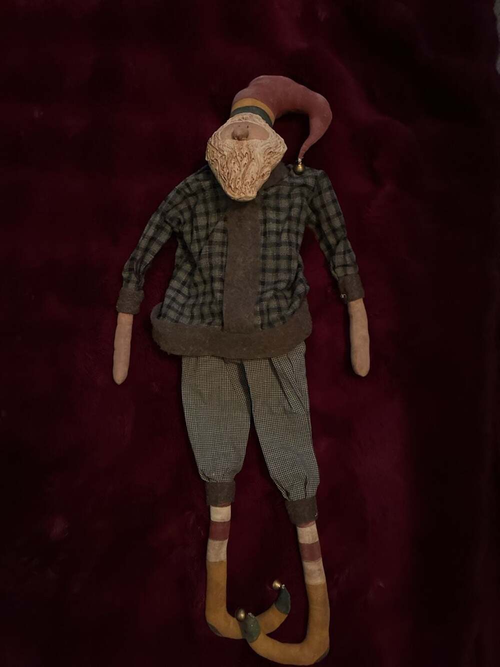 Primitive Folk Art Santa Claus Cloth Doll w/Hardened Face & Bell Accents A696